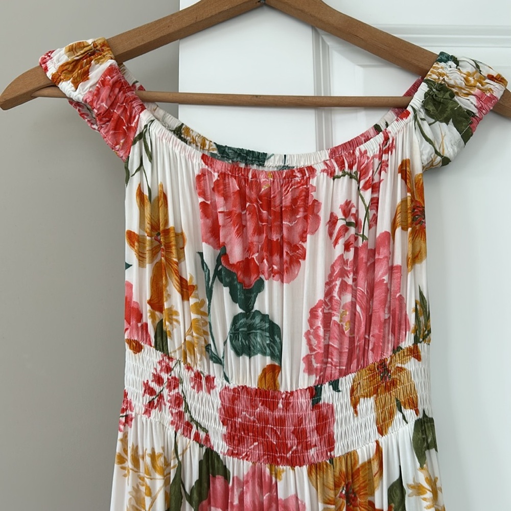 Anthro's Abel the Label Off the Shoulder Garden Party Maxi Dress w Smocked Waist - Picture 10 of 13